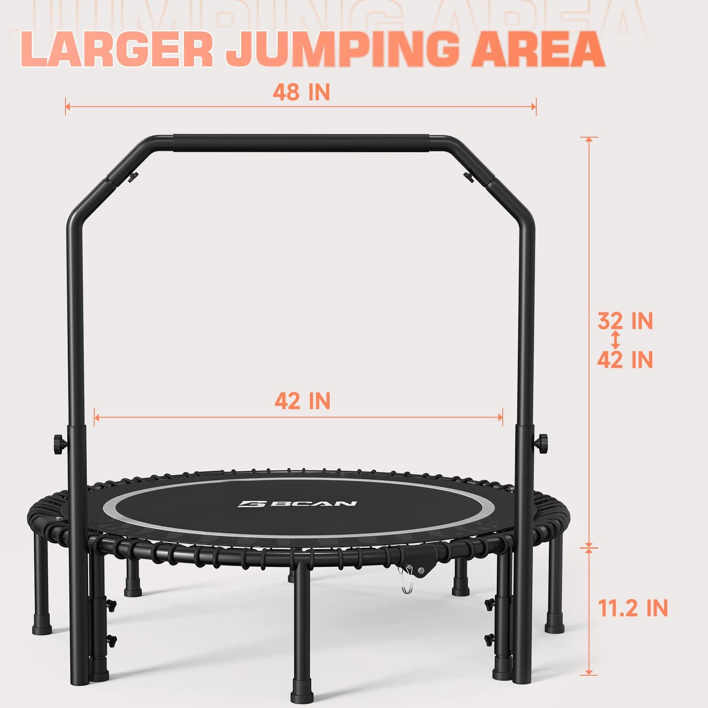 BCAN 550 LBS Foldable Mini Trampoline, 48" Fitness Trampoline with Adjustable Handle Bar, Bungees, Stable & Quiet Exercise Rebounder for Kids Adults Indoor/Garden Workout-Silver