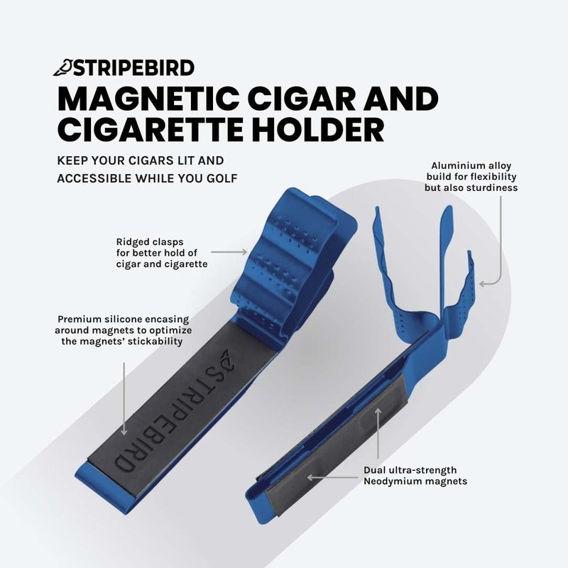 Stripebird Magnetic Golf Cigar Holder - Durable Aluminum Alloy with Neodymium Magnets - Magnetically Attached to Golf Cart, Irons, Push Cart & Hub Mount - Easy Clamp Design & Cigar Clip - Blue