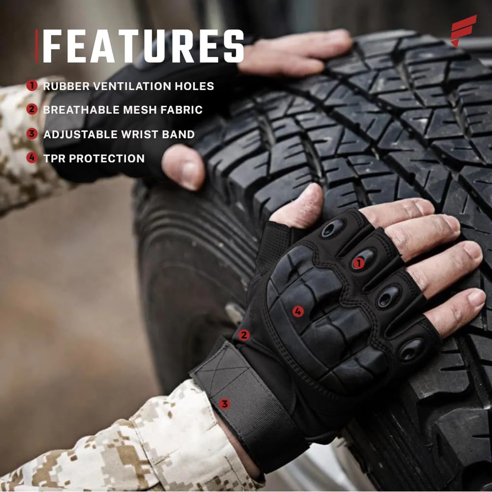 Homefy Fingerless Tactical Gloves – Men & Women, Breathable & Impact-Resistant Half-Finger Gloves for Motorcyclists, Airsoft, Cycling & Hunting, and Outdoor Sports, Beige (Black, XX-Large)