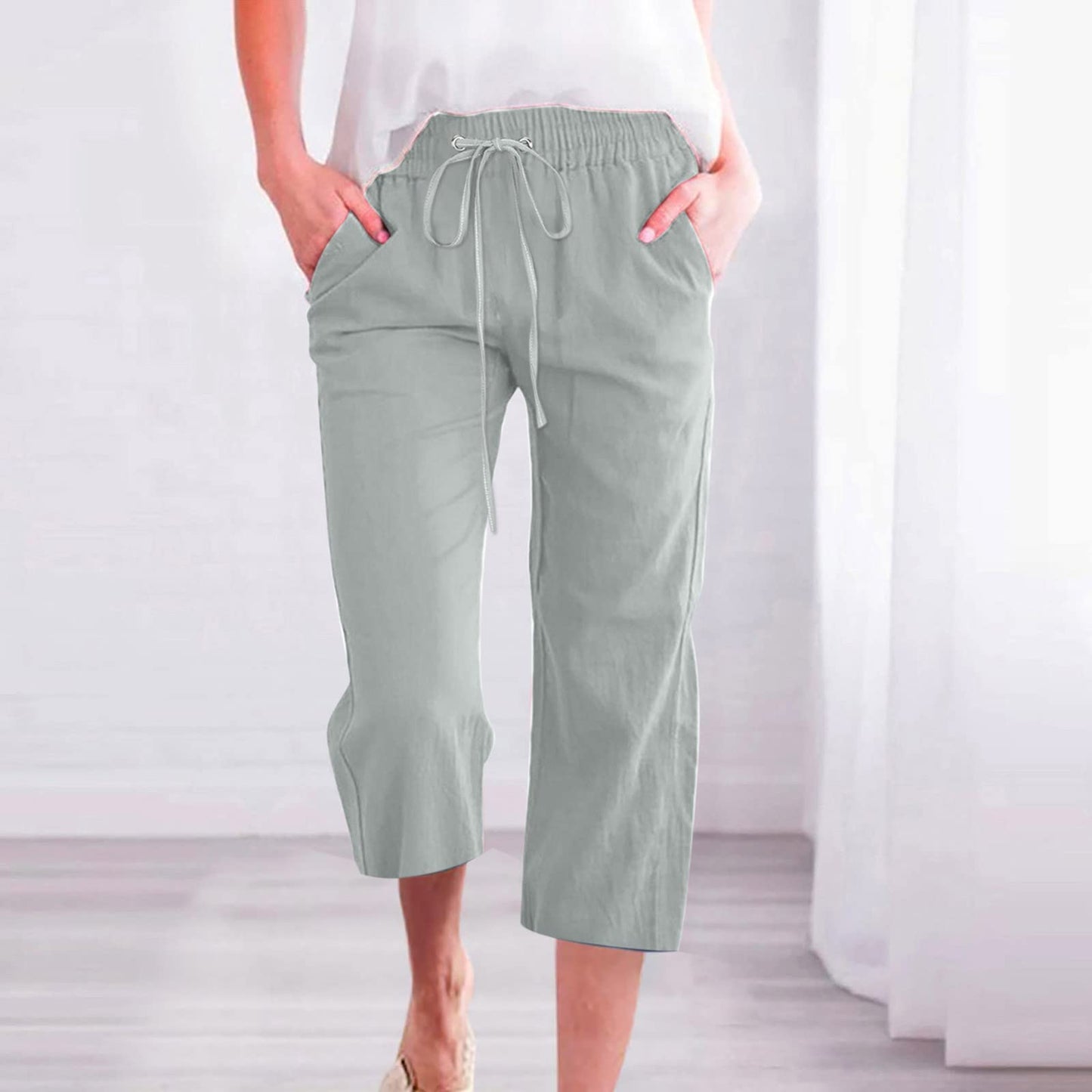 Generic Capri Wide Leg Pants for Women, Prime Deals Today Clearance, Capri Pants for Women Casual 2024 Summer Drawstring Elastic High Waist Linen Pants Straight Wide Leg Capris B03_Mint Green,XXL