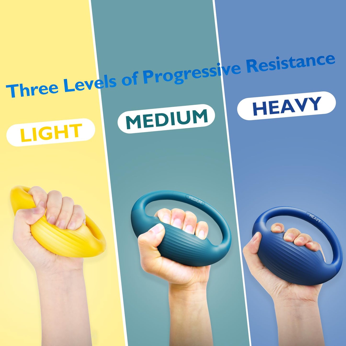 FitBeast Hand Exercise Balls - 3 Resistance Levels Stress Balls for Adults, Squeeze Balls for Hand Therapy, Rehabilitation, Arthritis, Muscle Building (3 Piece Set -Yellow Teal Navy Blue)