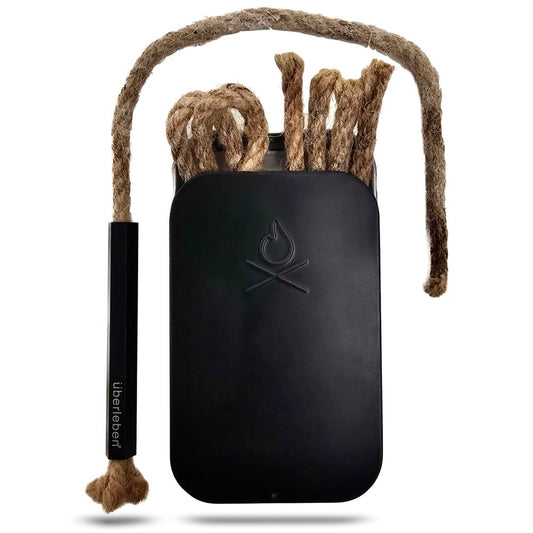 überleben Tindår Wick & Bellow - Parrafin Wax Infused Hemp Tinder Tube, Fire Starter - Includes Black Anodized Aluminum Sleeve & Slider Box - for All Weather, 60 Minute Burn Time - Survival Kit