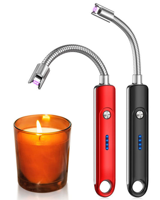 Candle Lighters 2 Pack Windproof Electric Lighters USB Rechargeable 360° Flexible Neck Long Lighter with Safety Lock Flameless Plasma Arc Lighter for Candle Grill Aromatherapy Camping (Black+Red)