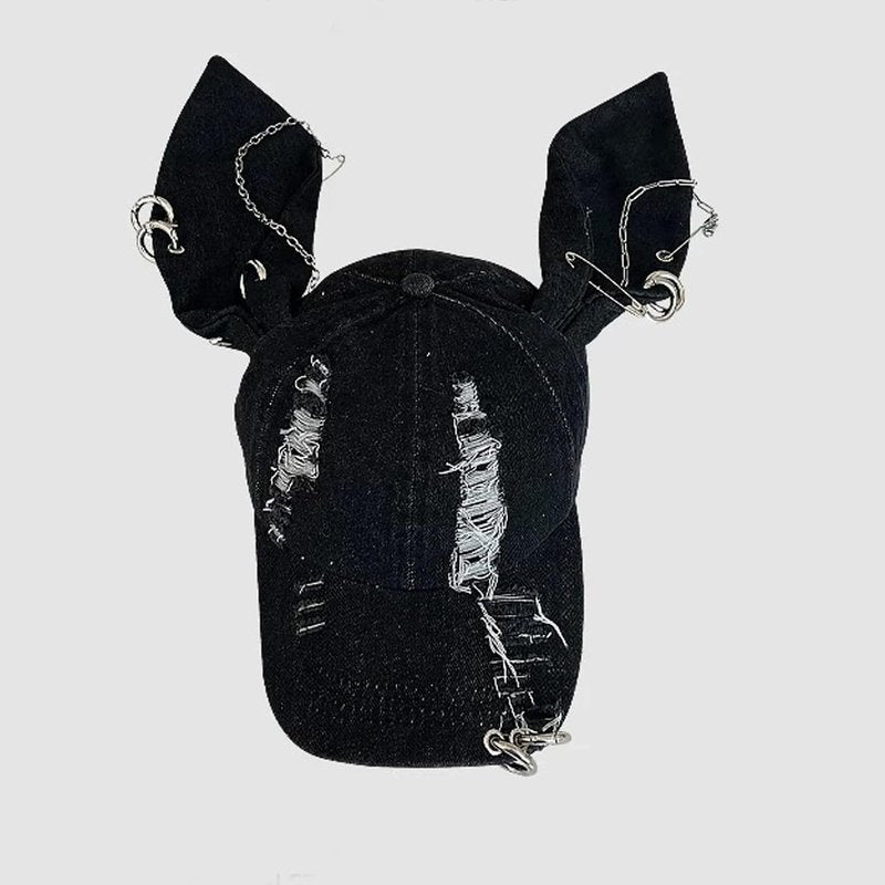 THESSNCE Y2k Hat Punk Hats Denim Bunny Hat Chains Distressed Baseball Cap Kpop Outfits Y2k Grunge Hats for Women