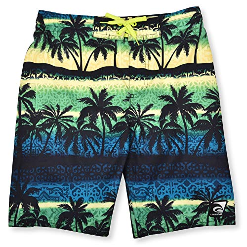 LAGUNA Boys Swim Shorts - Boardshorts Swimming Trunks - Quick Dry Bathing Suit - UPF 50+ - Green Lattice Palm Print, Size 10/12