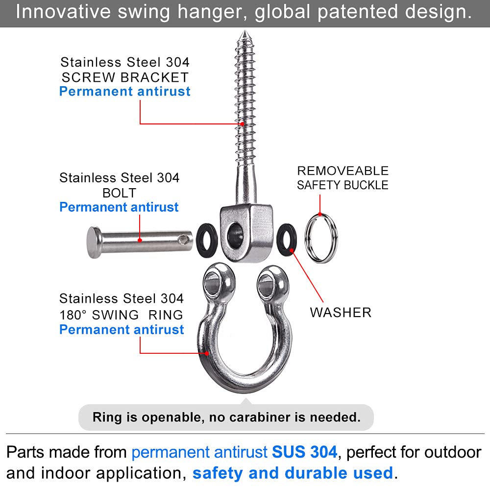 SELEWARE Heavy Duty 180° Swing Hangers, Stainless Steel Eye Screw Bracket, 1800 LB Capacity Playground Yoga Hammock Rope Tire Web Chair Sandbag Punching Bag Porch Swing Sets (6 Pack)