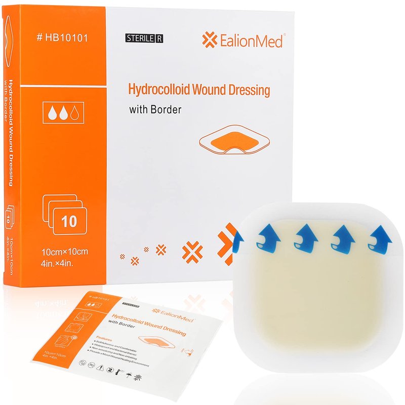 Hydrocolloid Bandage, Hydrocolloid Wound Dressing with Border 4''x4'' for Light to Medium Exudate Wound, Pressure Ulcer, Bed Sore, Surgical Wound,Superficial Wound, 10 Pack by EalionMed