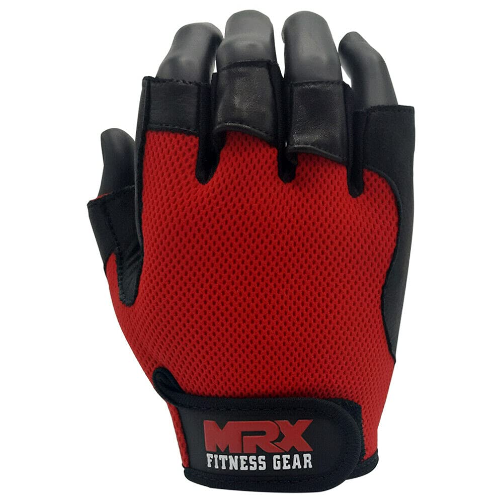 Weightlifting Gloves Leather Palm Grip Half Finger Body Building Gym Glove for Exercise Training Fitness Workout Men Women Lifts Made Spandex Materials, Red, Medium