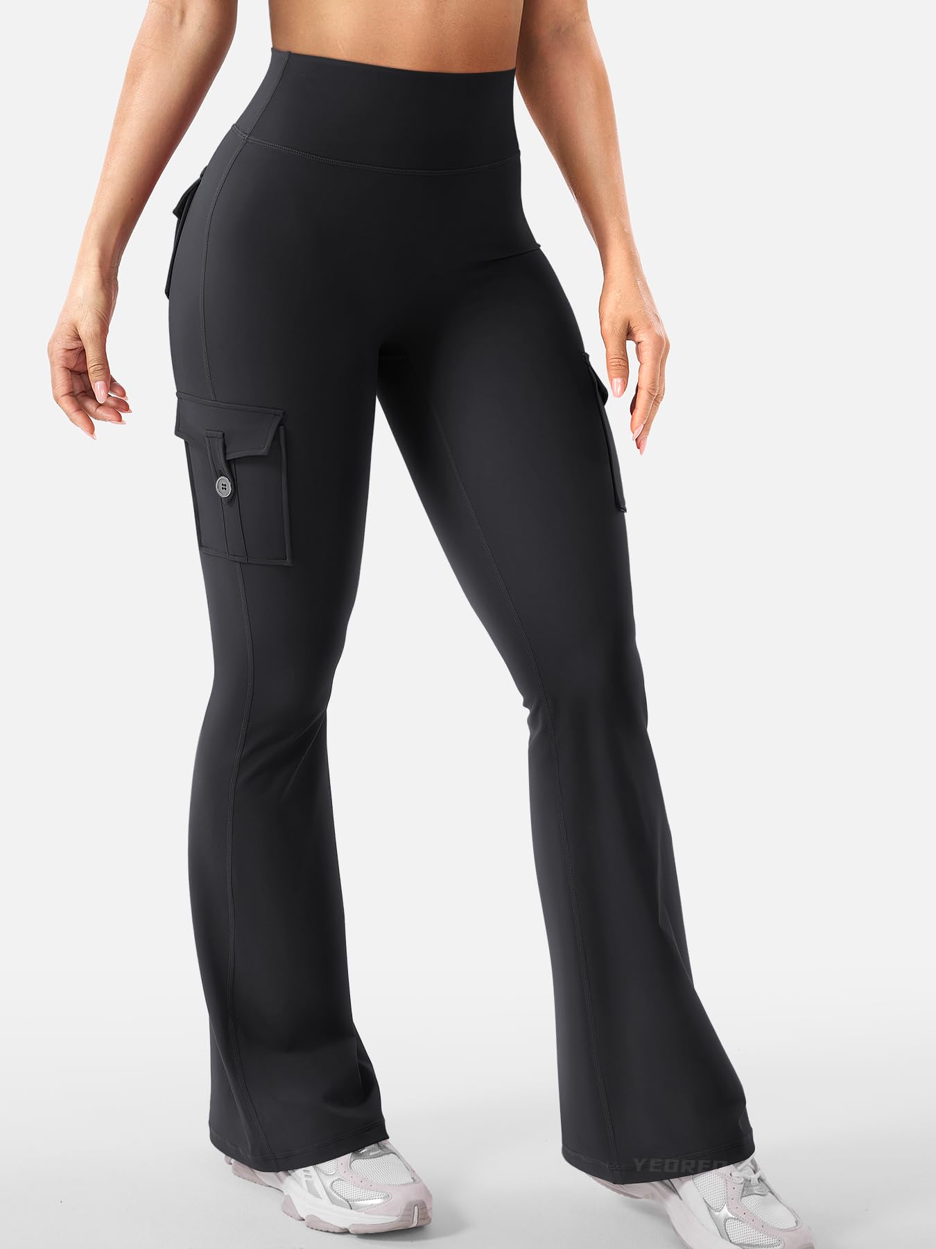 YEOREO CoreFlex Women Workout Flare Leggings with Pockets Hidden Scrunch High Waisted Cargo Gym Yoga Leggings Black L