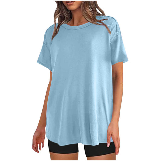 Daily Deals of the Day Prime Today Only Short Sleeve Shirts for Women Dropped Shoulder Oversized Solid Color Round Neck Tee Athletic Dressy Loose Fit Summer Beach Tunic Tops Sudaderas para Mujer