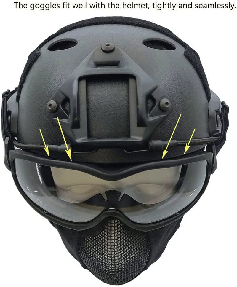 PJ Type Tactical Airsoft Fast Helmet and Foldable Half Face Mesh Guard with Ear Protection Adjustable Chin Strap Full Face Protection Set for Paintball BB Gun