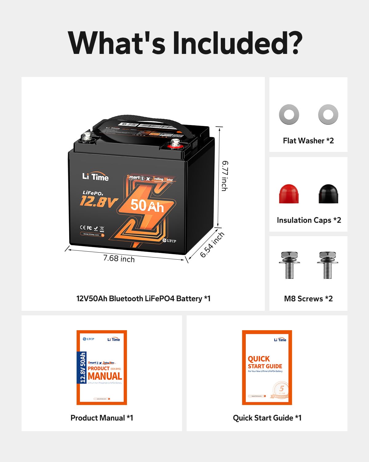 LiTime 12V 50Ah LiFePO4 Lithium Trolling Motors Battery Bluetooth, 4000+ Deep Cycle Marine Battery with Low-Temp Protection, EV-Grade Cells & Smart 50A BMS, Perfect for RV, Boat, Fishing Finder