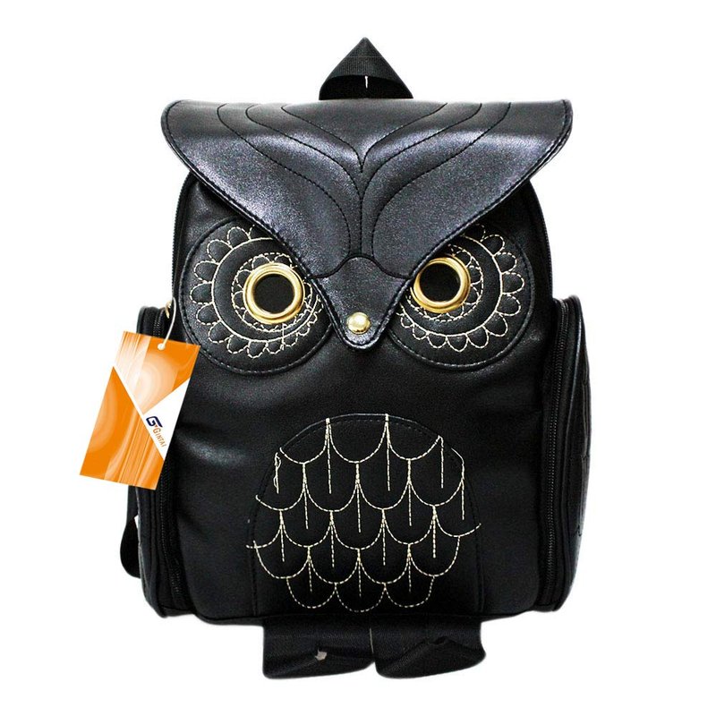 GinTai Women Pu Leather Owl Cartoon Backpacks Fashion Casual Satchel mini Small black Backpack, Black