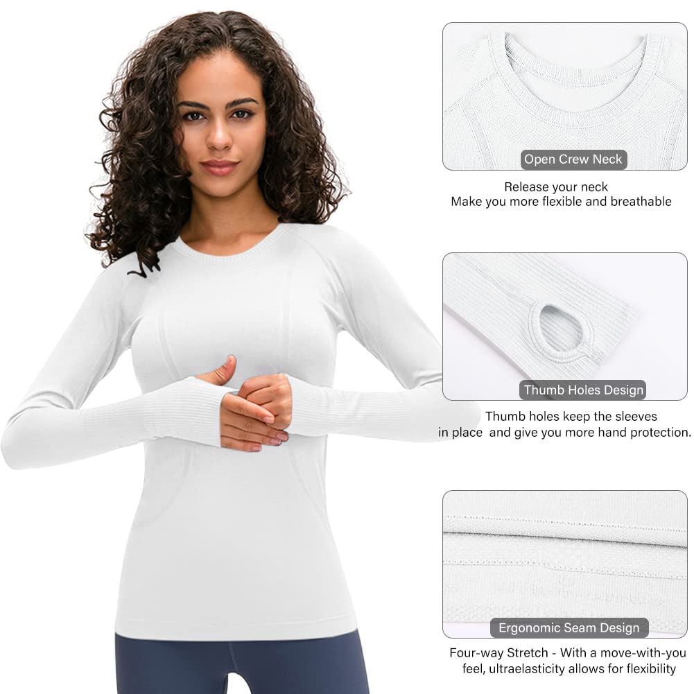 LUYAA Seamless Yoga Shirts for Women Long Sleeves Slim Fit Breathable Workout Fitness Tops White