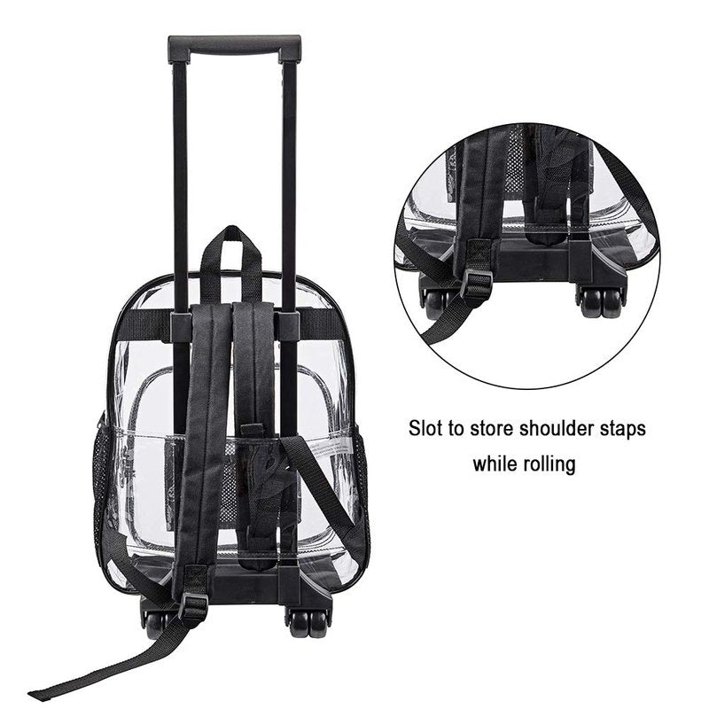 COVAX Rolling Clear Backpack, Heavy Duty See Through Bookbag, Transparent PVC Cold-resistant Backpack with Wheels (Black)