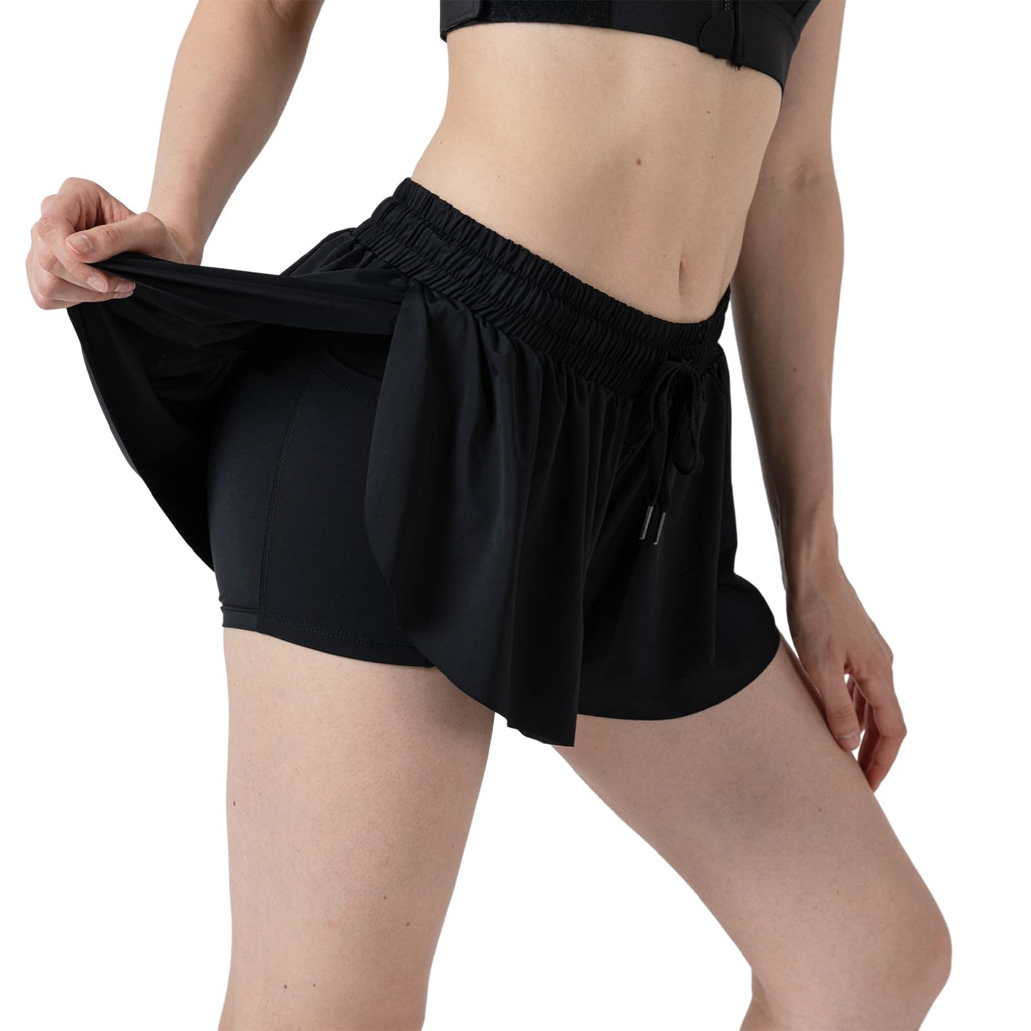 Girls Flowy Skirt Shorts Preppy Shorts 2 in 1 Butterfly Running Shorts with Pockets for Dance School Wear Gym Fitness Sleep Black