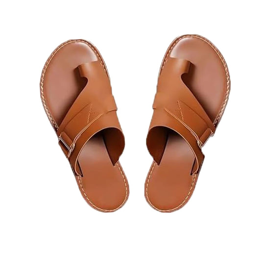 INHLUGLK Lightweight Orthopedic Sandals Made Of Premium Leather, Dressy Sandals with Open Toe Ring Loop Strap Slip on Slide Slippers Flip Flops (brown,8)