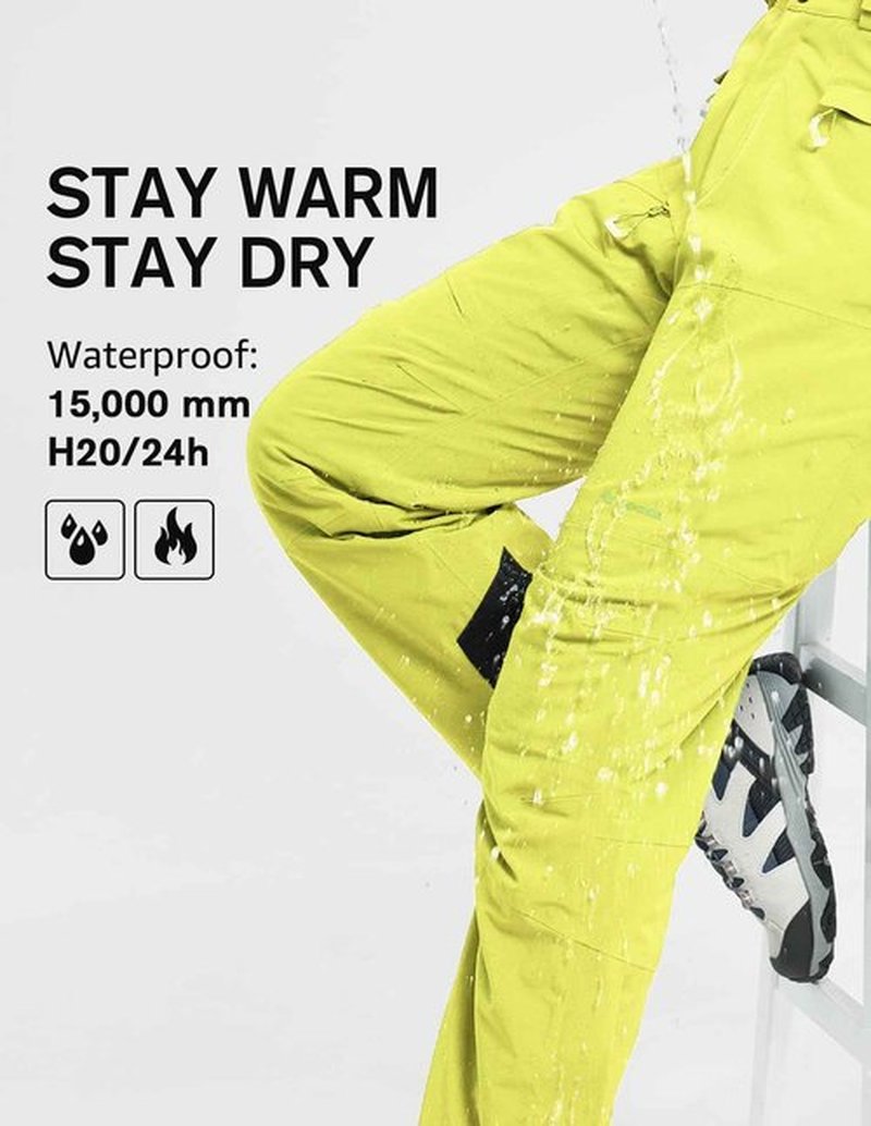 fit space Men's Ski Snow Pants Waterproof 15,000mm Removable Stretch Suspenders Insulated Winter Alpine Pants (Lemon,Large)