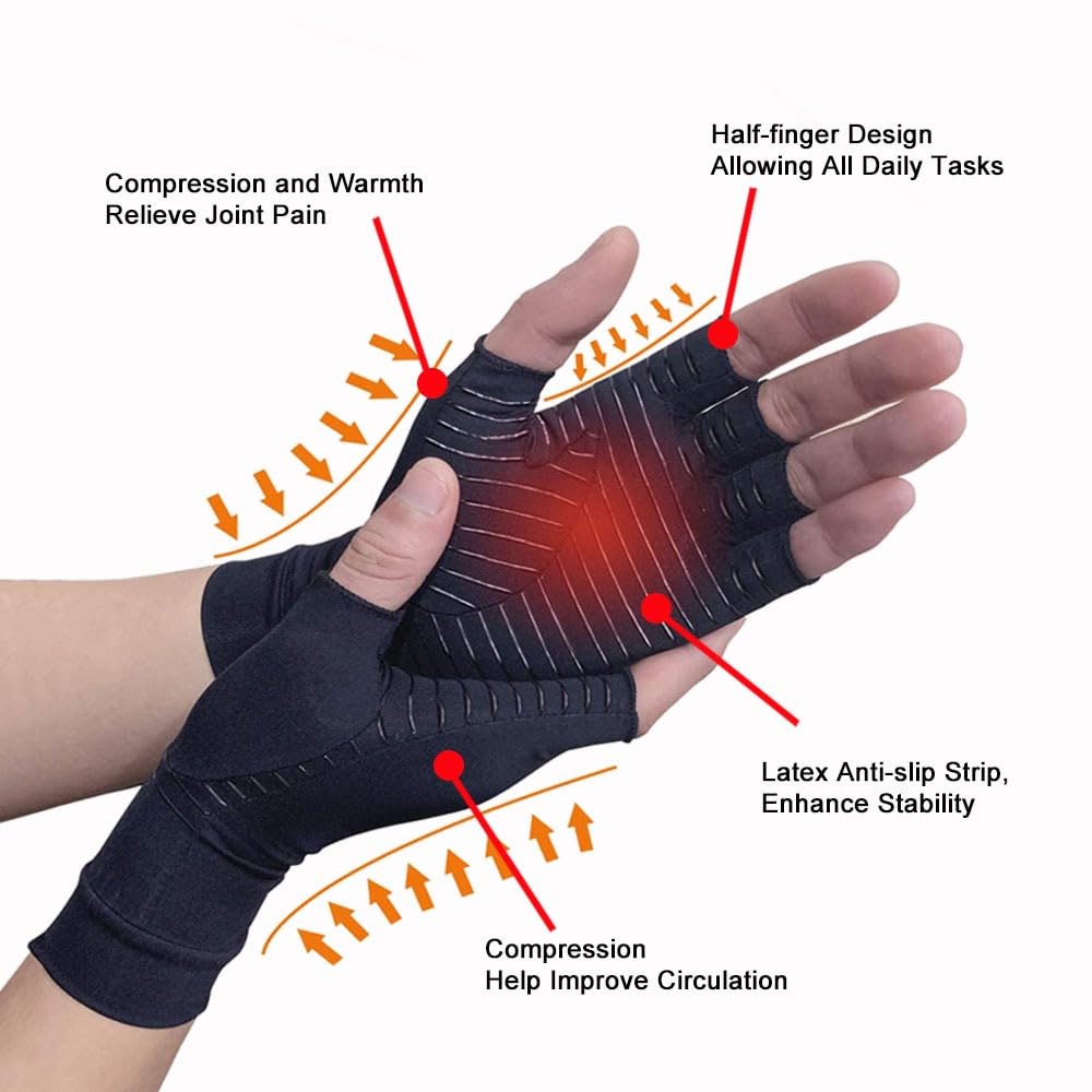 COPPER HEAL Arthritis Compression Gloves - (PAIR) Rheumatoid Arthritis Carpal Tunnel RSI Osteoarthritis & Tendonitis Open Finger