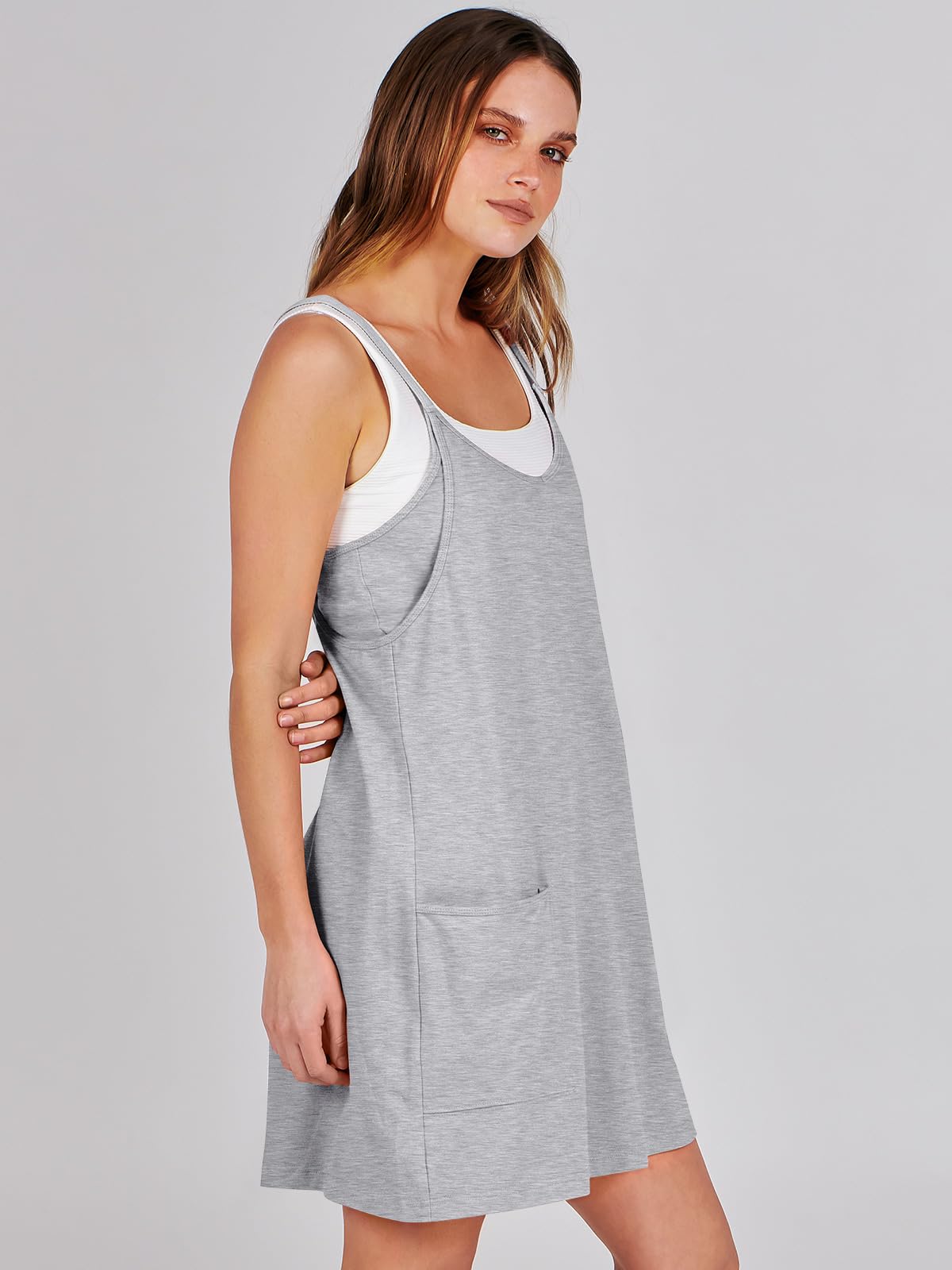 ANRABESS Women Athletic Dress Summer Tennis Workout Active Sports Mini Romper Dress Built in Shorts Travel Vacation Clothes Heather Gray X-Large
