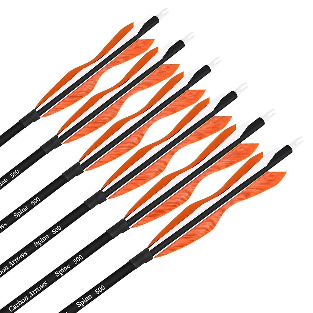 wolfman 31" Carbon Arrows Archery Hunting Arrows Targeting Practice Arrows with 5" Turkey Feathers Spine 500 for Recurve Bow and Compound Bow 6/12pcs (Orange, 12pcs)
