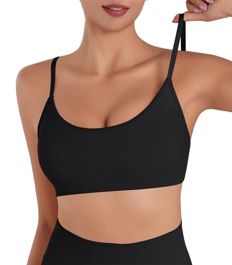 Sunzel Women's Open Back Sports Bra Adjustable Spaghetti Strap Seamless Low Impact Workout Gym Yoga Bra with Removable Pads Black Small