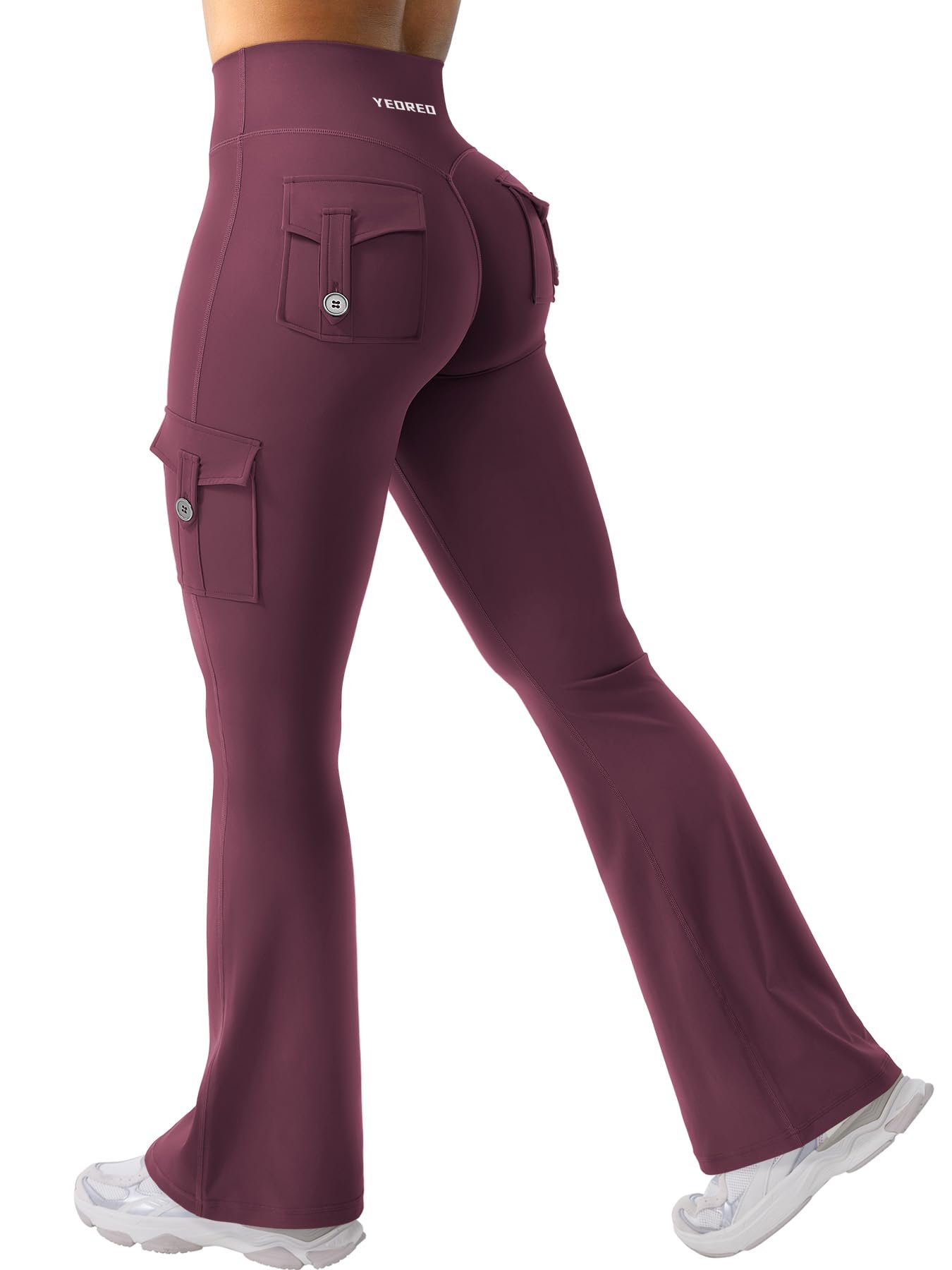 YEOREO CoreFlex Women Workout Flare Leggings with Pockets Hidden Scrunch High Waisted Cargo Gym Yoga No Front Seam Leggings Black Cherry S