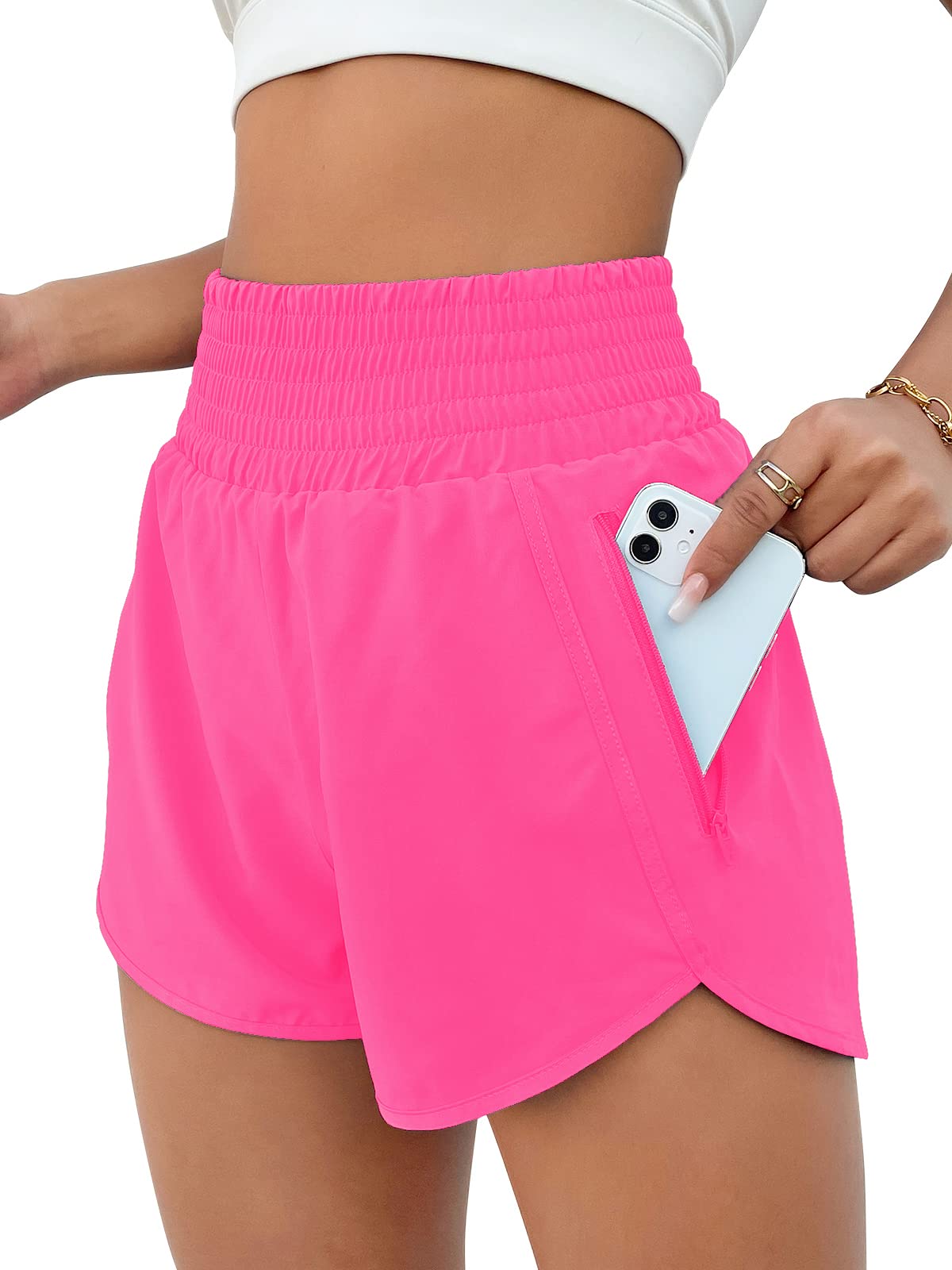 BMJL Women's Athletic Shorts High Waisted Running Short Pocket 2.5" Sporty Shorts Gym Elastic Workout Shorts(S,Hot Pink)