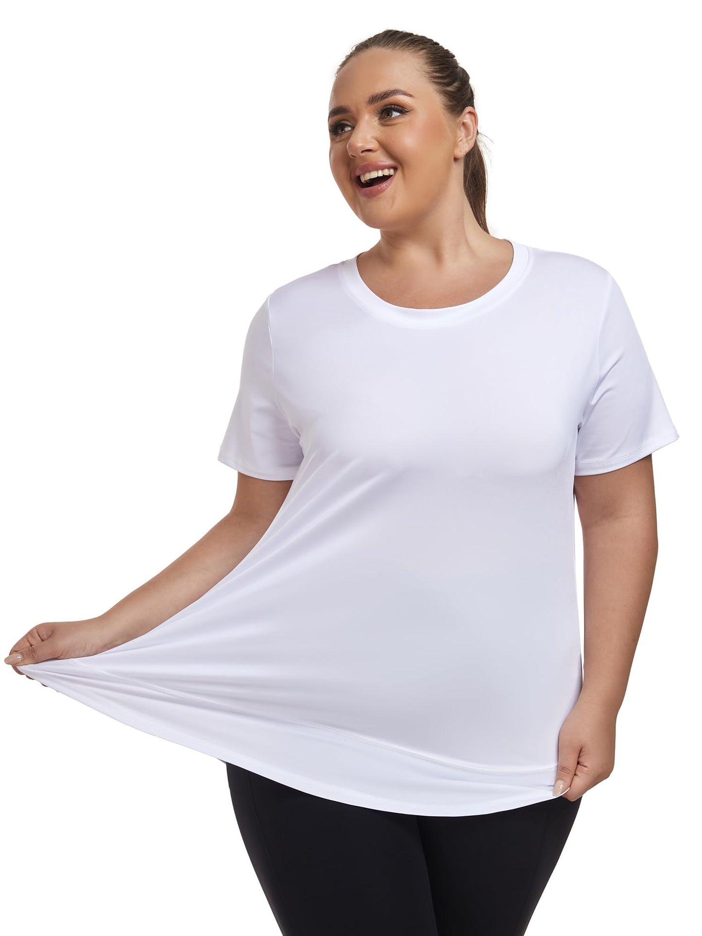 Abrooical Plus Size Women's Fitness Short Sleeve Top Crew Neck Loose Sportswear Sports Fitness Yoga Clothing White X-Large