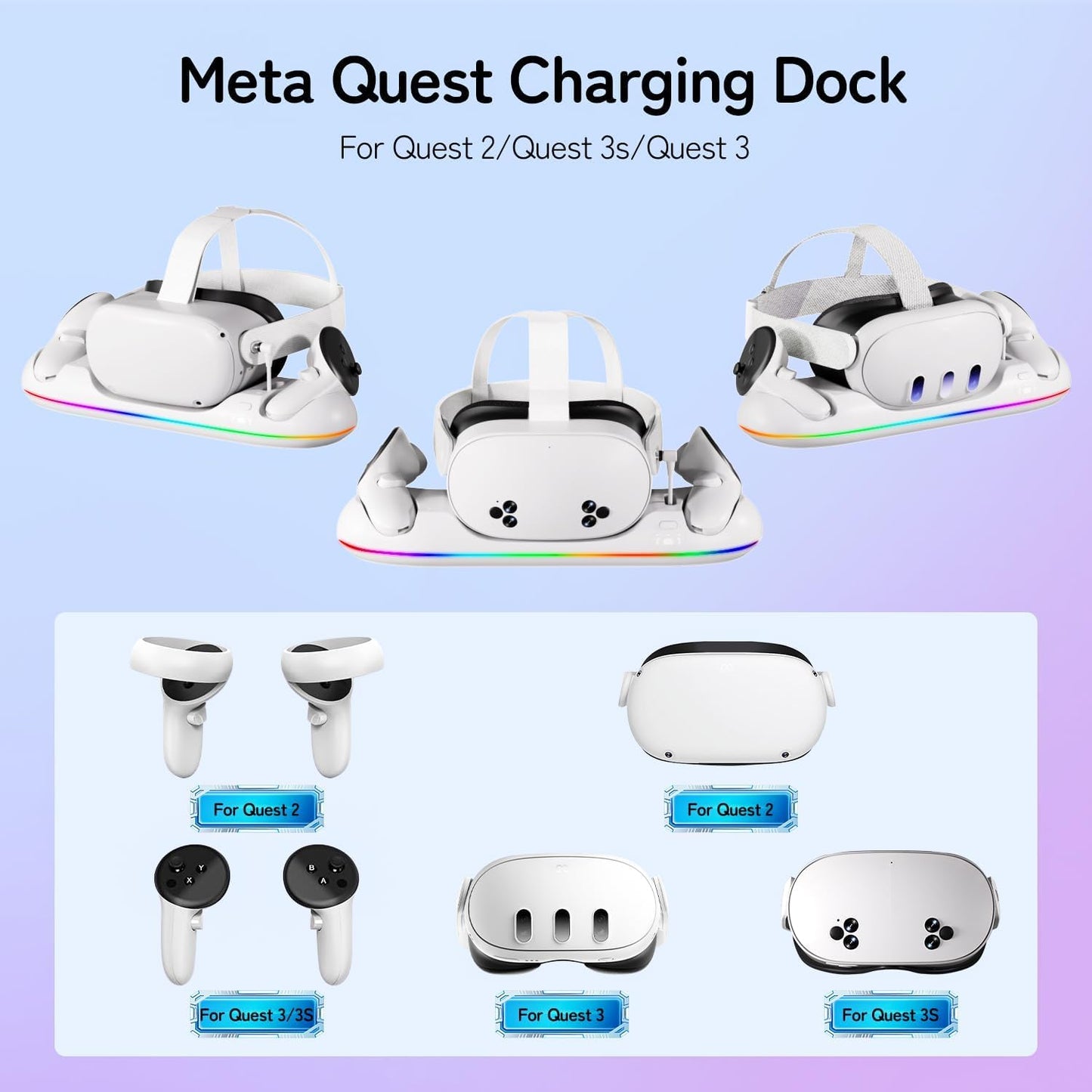 GearSpire Charging Dock Station for Quest 2/3/3S, White RGB LED Stand with USB-C Fast Charging, Controller Charger, VR Headset Accessories