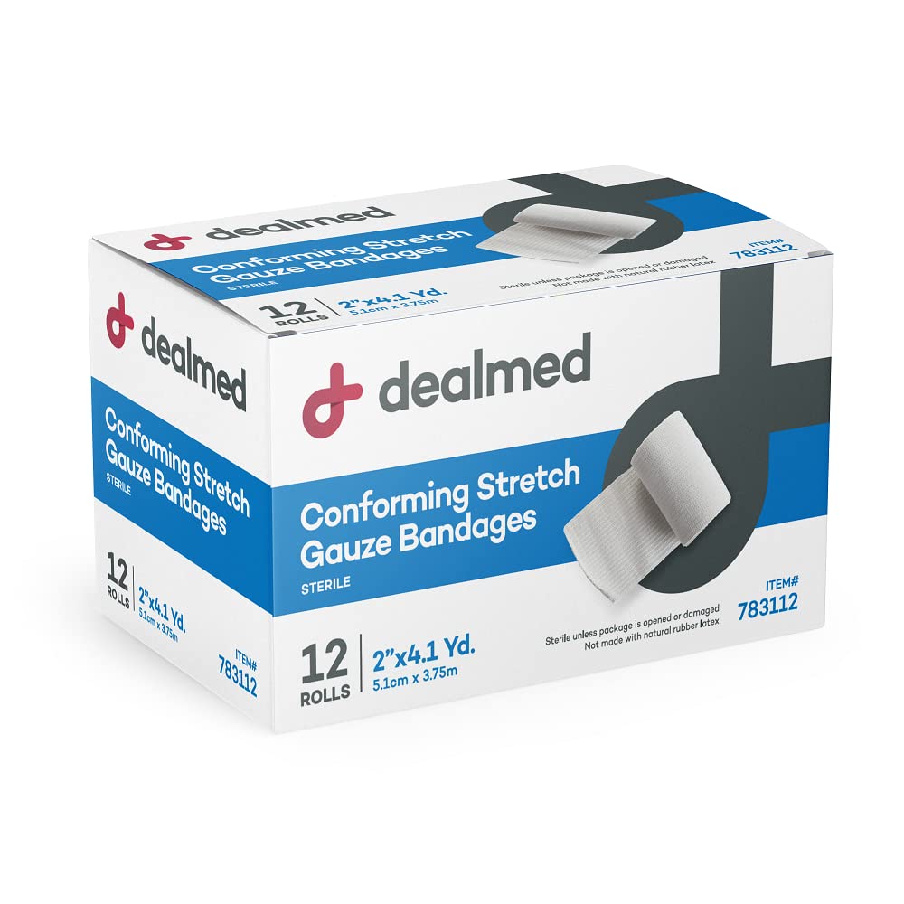 Dealmed 2" Sterile Conforming Stretch Gauze Bandages, 4.1 Yards Latex Free Stretched Dressing Wrap, Medical Non-Adherent Wound Care Mesh Bandages (Case of 96 Rolls)