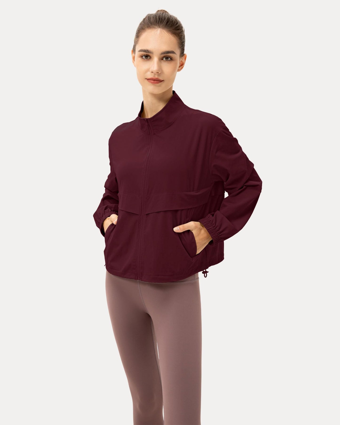 Locachy Women's Lightweight Zip Up Athletic Jacket Stand Collar Windproof Sun Protection Workout Outdoor Jacket Burgundy XS