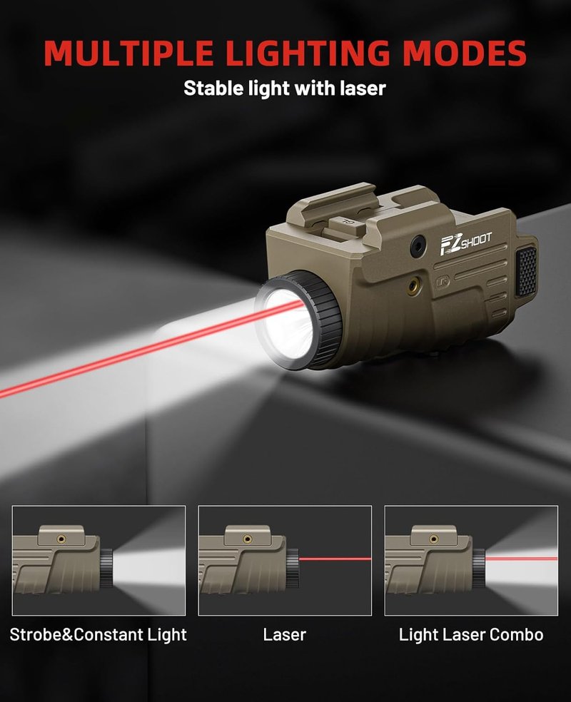 EZshoot Pistol Light Laser Combo - 800 Lumens Rechargeable Flashlight with Red Laser Beam | Desert Tan, Compatible with Glock & Picatinny Rail