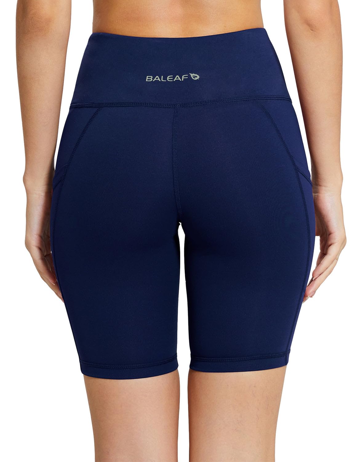 baleaf Women's High Waist Biker Shorts Tummy Control Spandex Shorts with 3 Pockets for Yoga Running Workout Compression 8" Navy Blue L