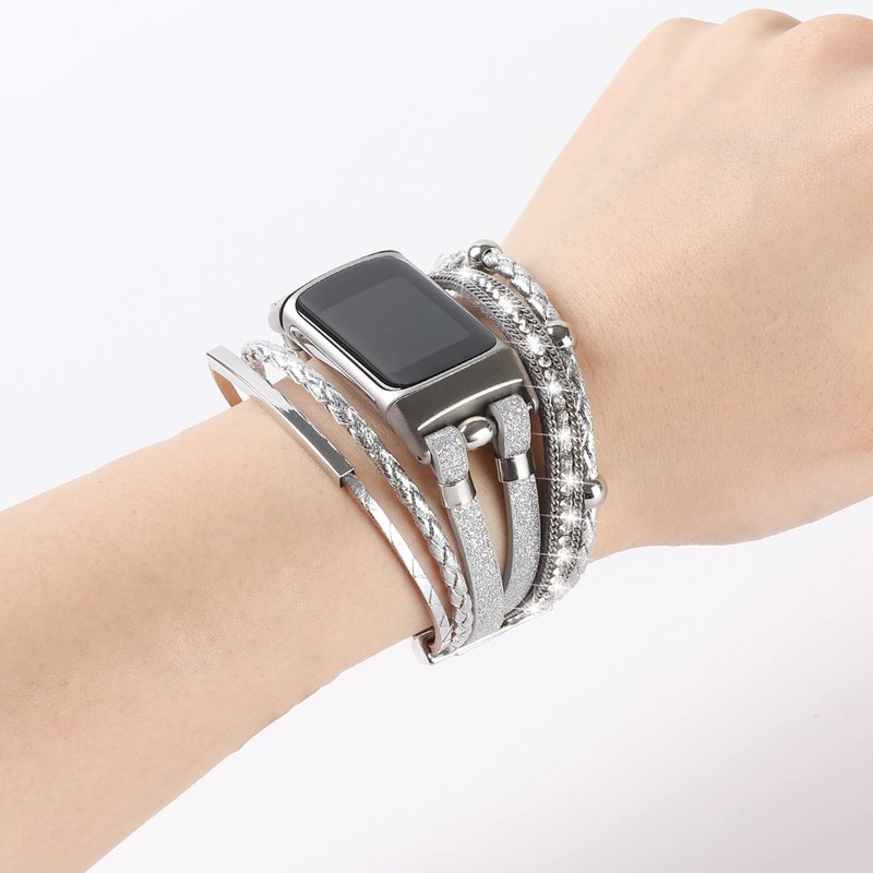 Leather Bands Compatible with Fitbit Charge 6/Charge 5 Bands for Women, Boho Handmade Multilayer Wrap Bracelets Jewelry Strap Replacement for Charge 6/Charge 5 Fitness Tracker (Silver)