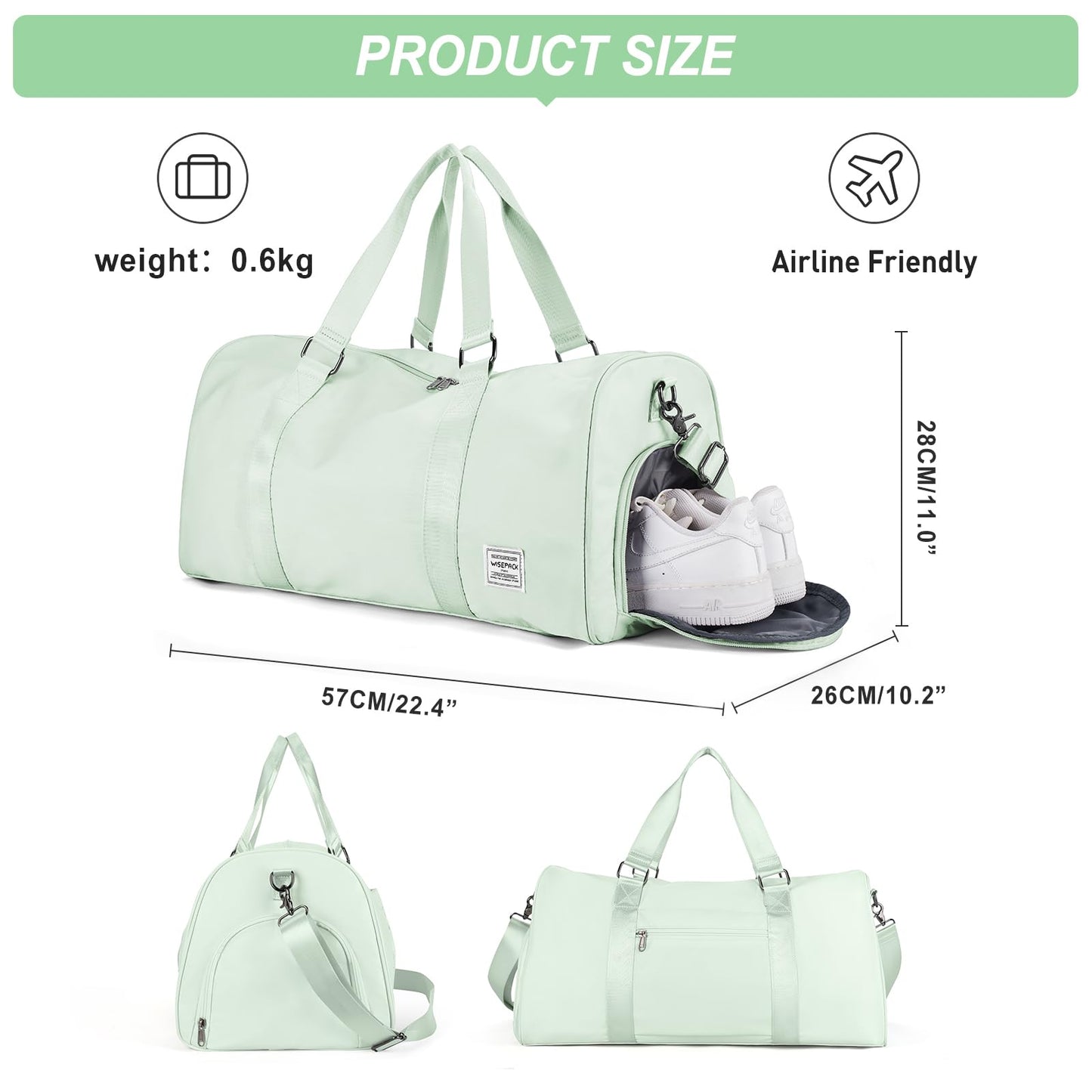 Gym Bag for Women Men with Shoe Compartment Waterproof Duffle Bag with Toiletry Bag Weekender Travel Bag Sports Duffel Tote Bags Personal Item Bag Overnight Carry on Bag Hospital Holdalls Light Green