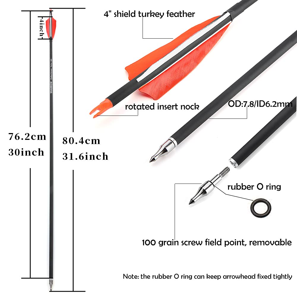 ZSHJGJR 30 Inch Archery Carbon Arrows Hunting Arrows with 4” Turkey Feather Target Practice Arrows Spine 500 for Compound & Recurve &Traditional Bow 6/12pcs (12 x Orange Arrows)