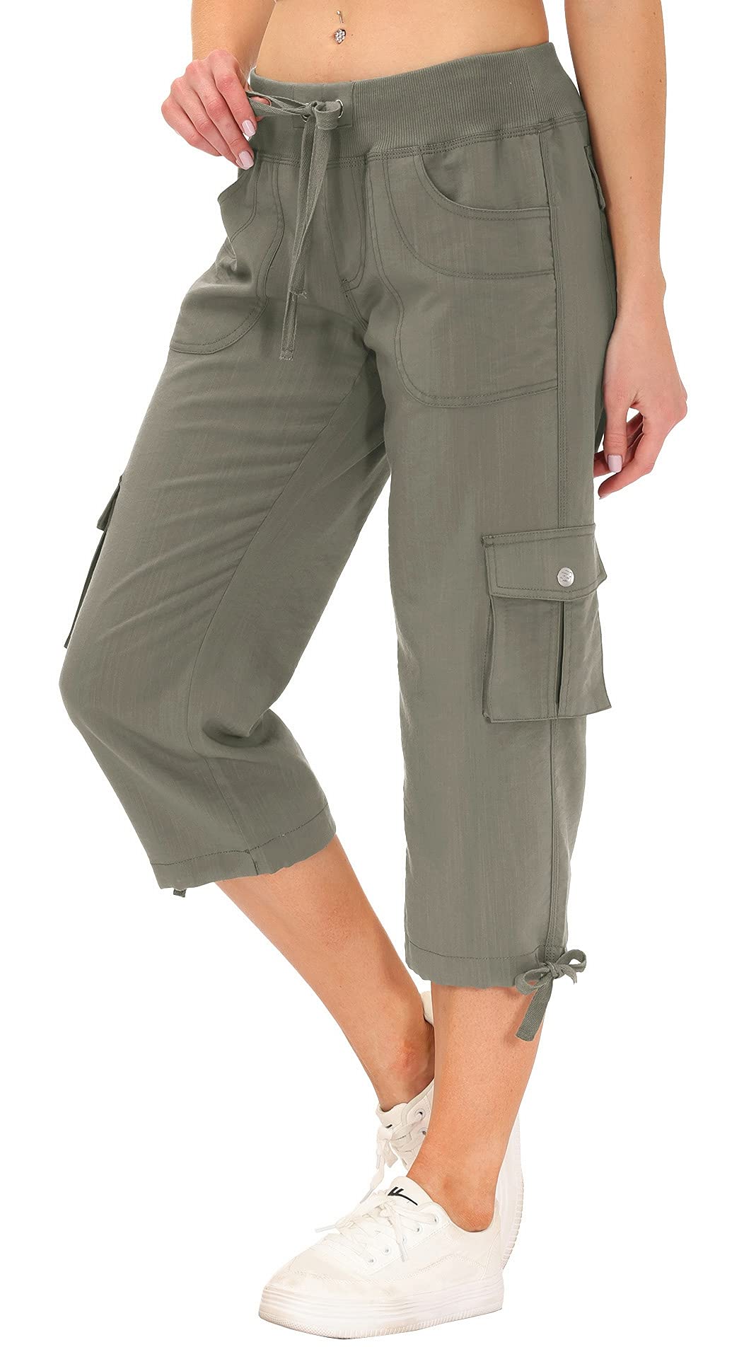MoFiz Women's Cargo Hiking Pants Lightweight Quick Dry Running Capri Pants Athletic Workout Casual Outdoor Button Pockets Grey Khaki S