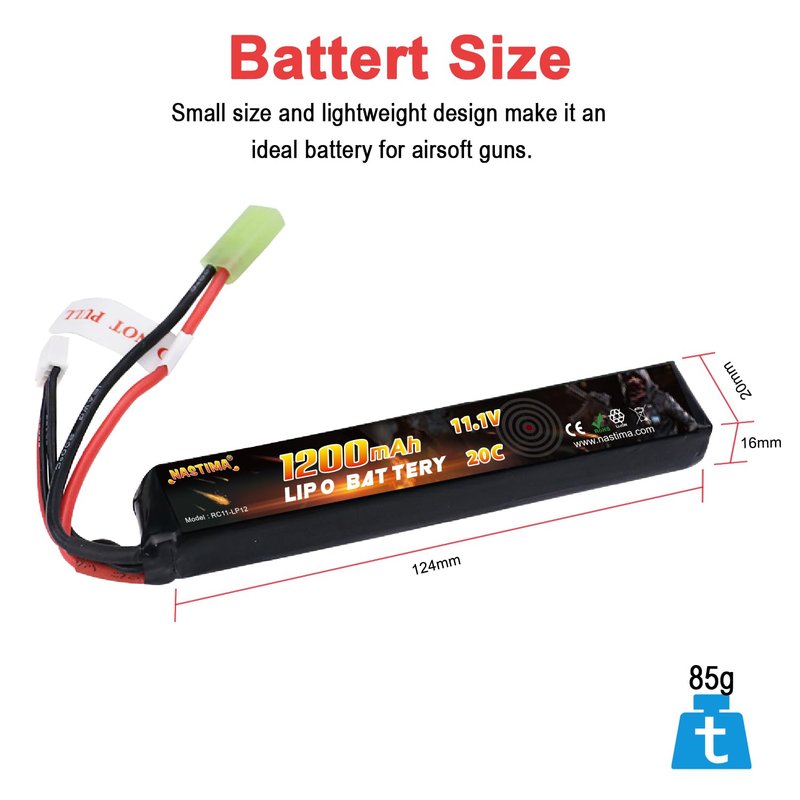 NASTIMA 11.1V 1200mAh 3S 20C LiPo Airsoft Battery Pack Compatible with Mini Tamiya Connector for Airsoft Guns AK47 MP5K MP5 Scar M249 AUG AEG