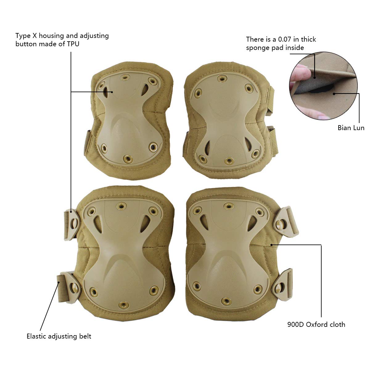 AOUTACC Tactical Combat Knee & Elbow Protective Pads Set for Outdoor CS Paintball Game Cycling Safety Skateboarding Gear Skates Knee Protection Guard Pads (Tan)