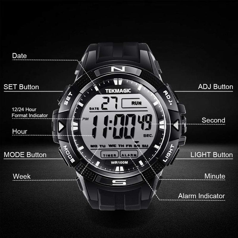 TEKMAGIC 10 ATM Digital Submersible Diving Watch 100m Water Resistant Swimming Sport Wristwatch Luminous LCD Screen with Stopwatch Alarm Function