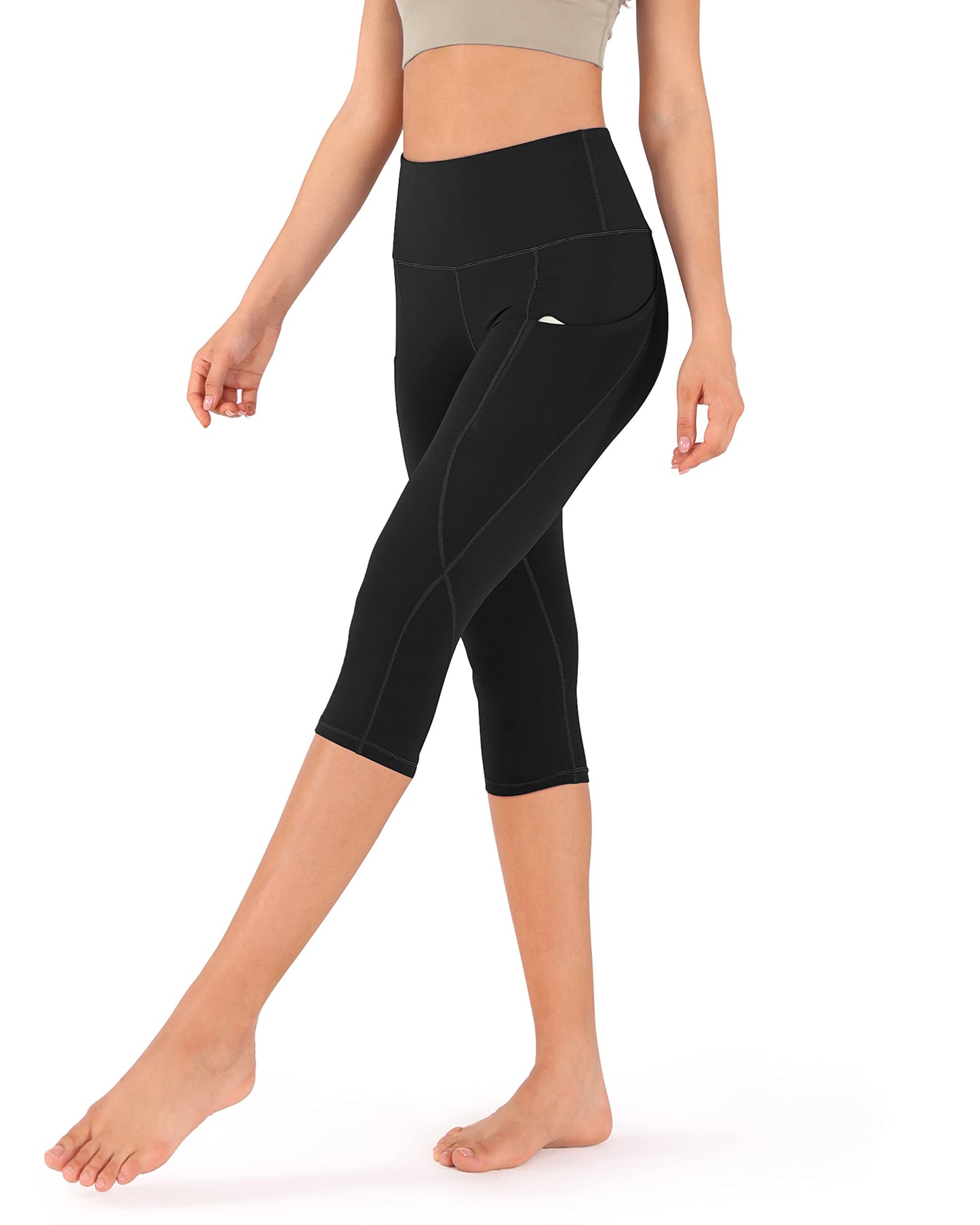 ODODOS Women's High Rise Yoga Capris with Pockets,Tummy Control Non See Through Workout Athletic Running Capri Leggings, Plus Size, Black,XX-Large