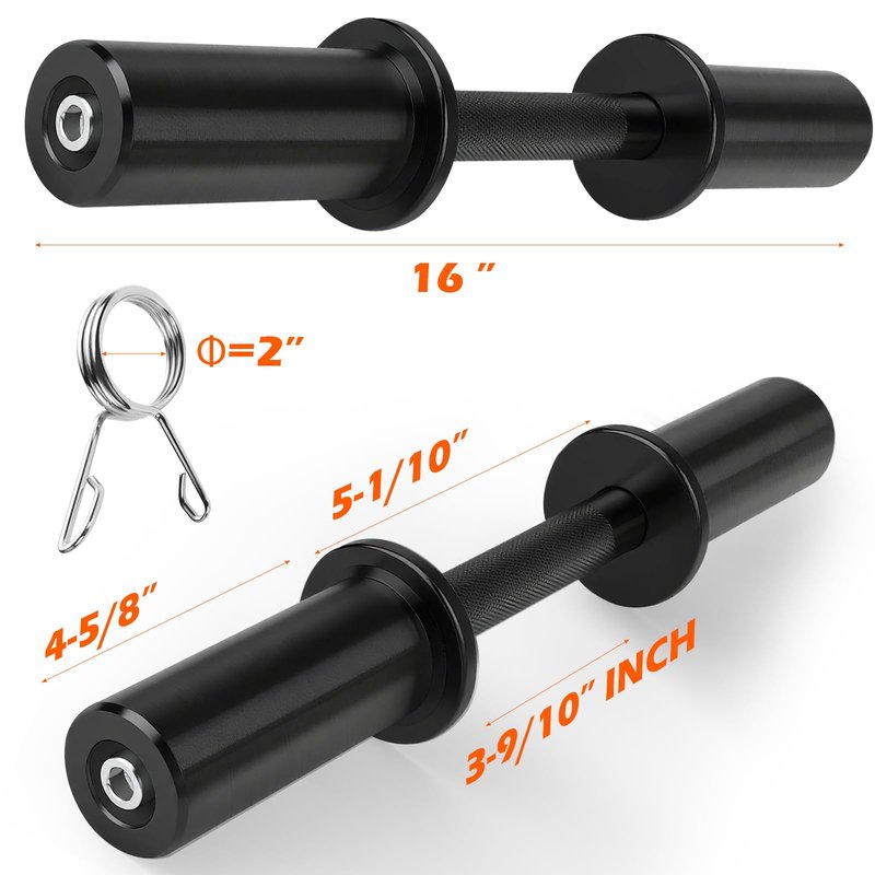 Pair of 16" Olympic Dumbbell Handles – Loadable Dumbbell Bars for 2" Olympic Weight Plates (150LBS Weight Capacity), Ideal for Home Gym Strength Training – Includes 2 Pairs of Spring Collars (Black)
