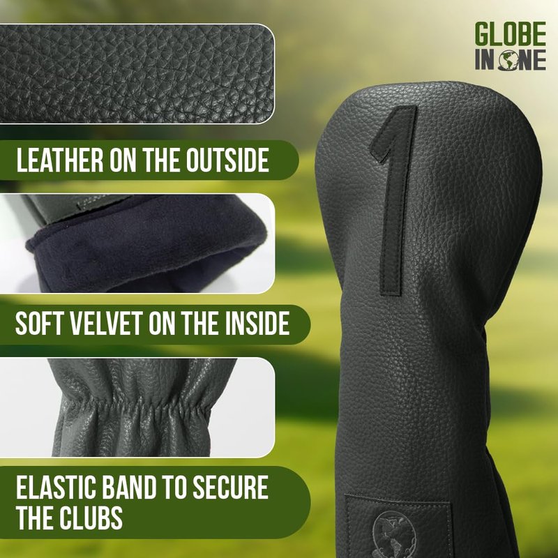 GLOBE IN ONE Premium Golf Club Head Covers Set of 4 - Fits Driver, Fairway & Hybrid Clubs (1, 3, 5, X) | Durable Golf Headcovers, Stylish Protection for Men & Women - Golf Club Covers Black