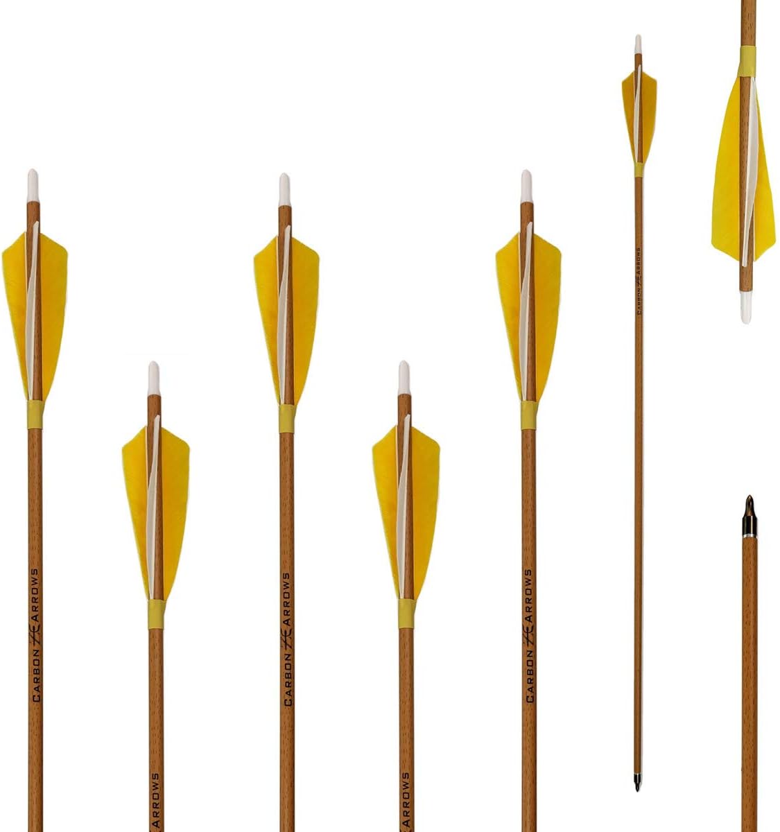 Archery Carbon Arrows - 500 Spine with Helical Real Feathers & Removable Tips | 6 Pack for Compound & Recurve Bows