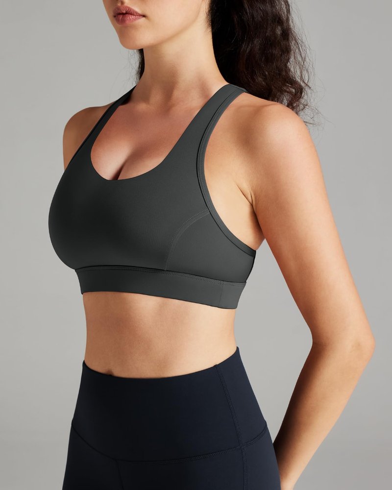 Queenie Ke BareFlow Sports Bras for Women V-Neck Medium Support Raceback Phone Pocket Bra Removable Cups Yoga Workout Tank Top (Dark Grey, Small)