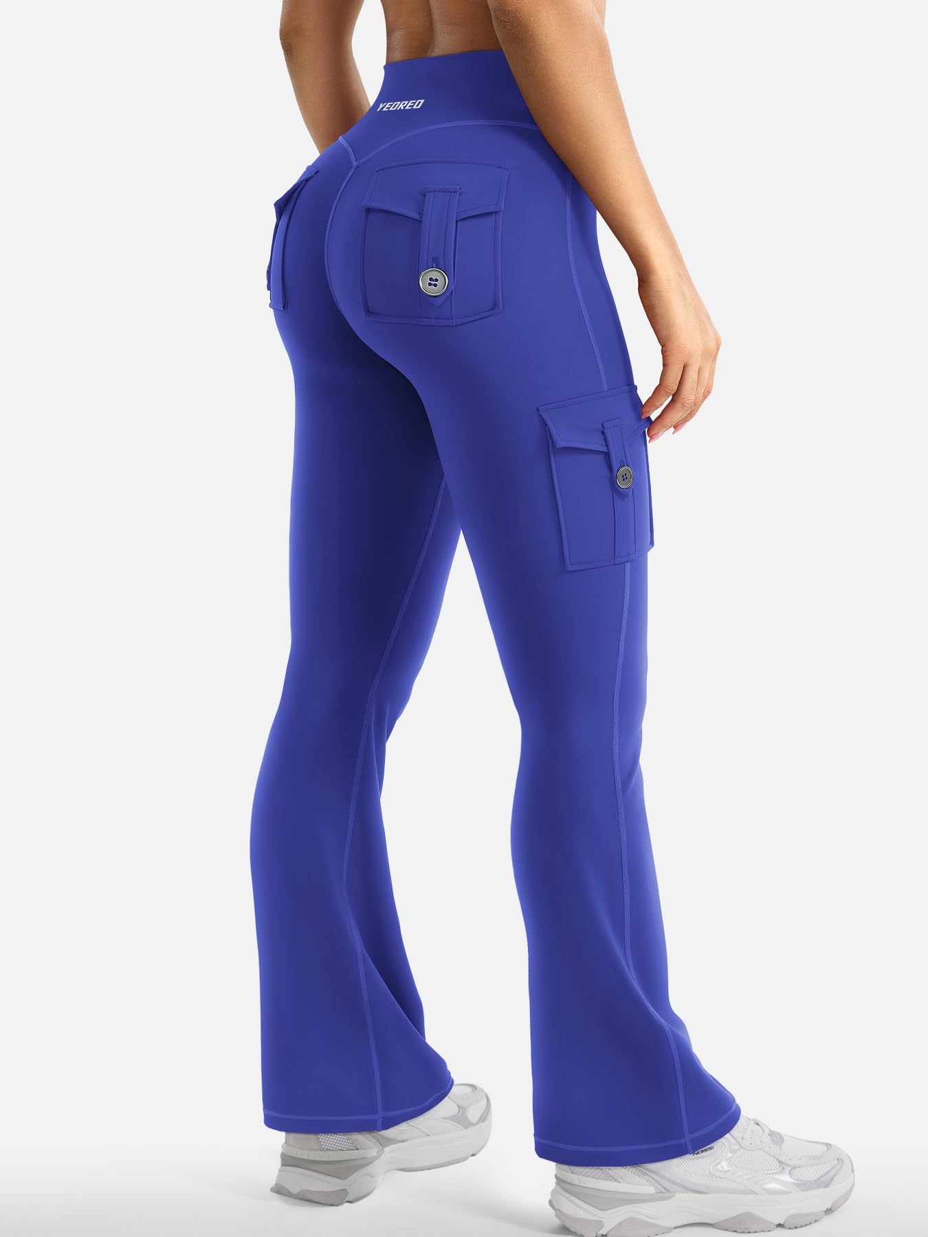 YEOREO CoreFlex Women Workout Flare Leggings with Pockets Scrunch Cargo Gym Yoga Leggings 28" Inseam Dazzling Blue XXL