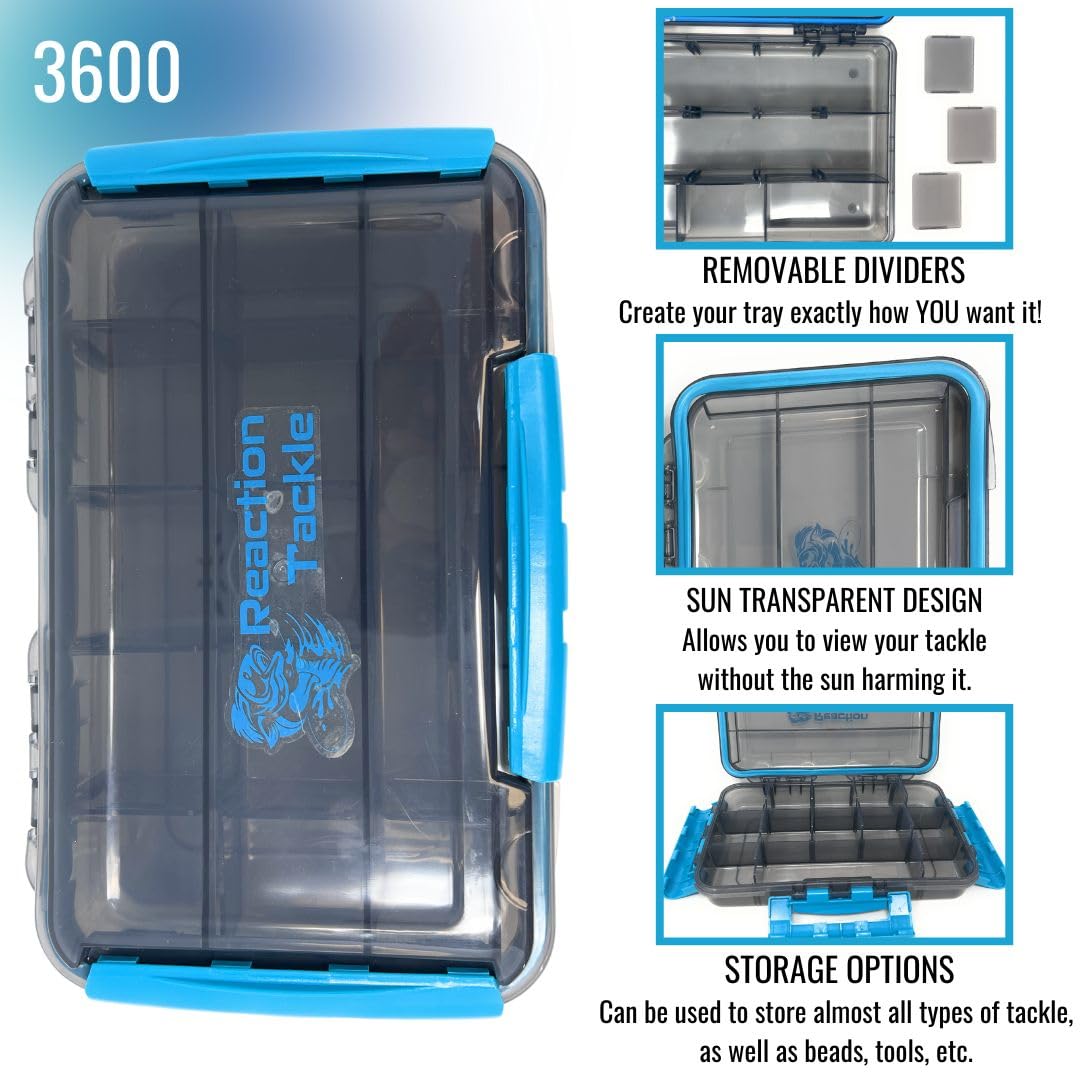 Reaction Tackle Premium Tackle Trays, Water Resistant Fishing Tackle Box Organizers with Triple Clip Closure, Removable Dividers and Clear View Design - 3600 (4-Pack)