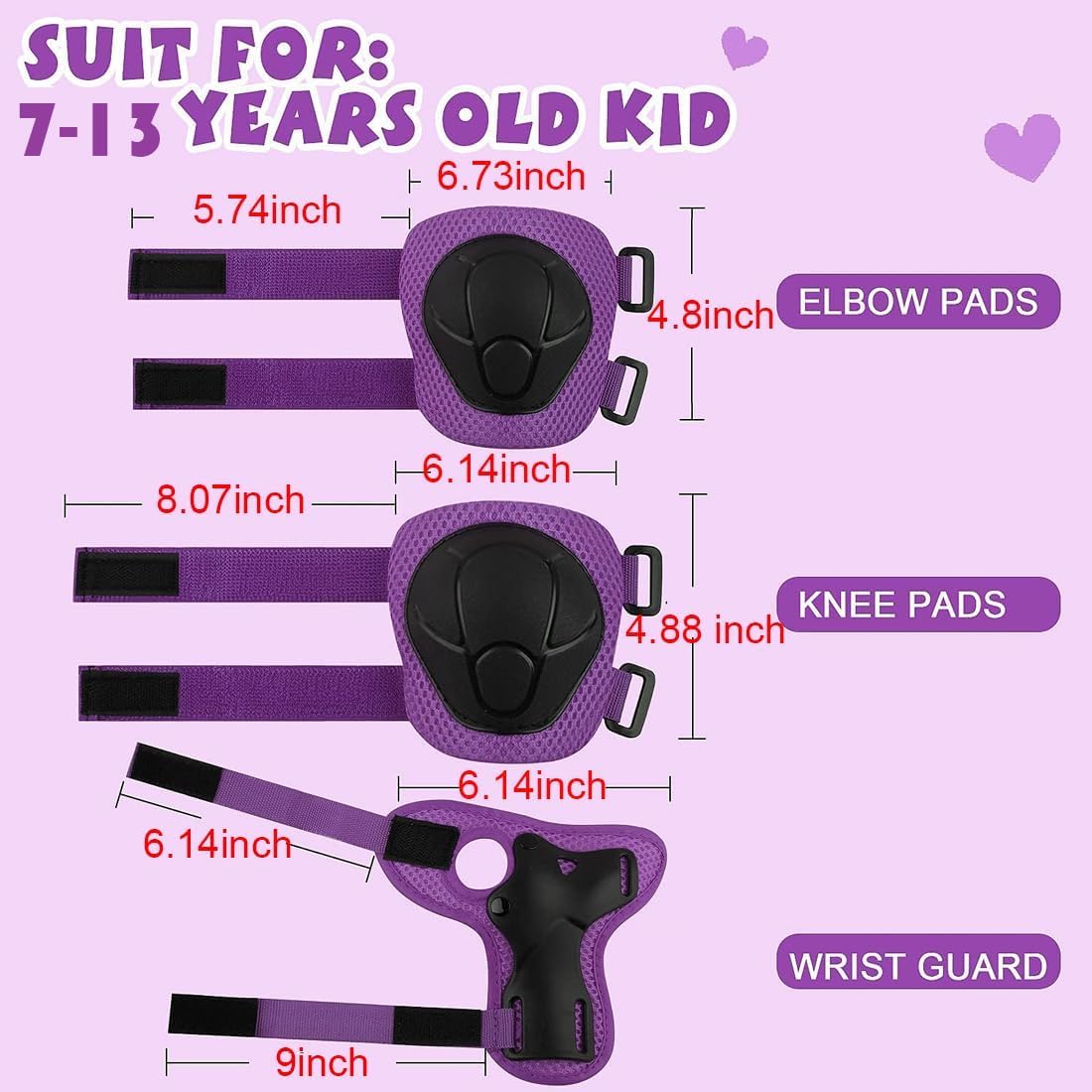 Kids Protective Gear Set Wemfg Knee Pads for Kids 7-13 Years Knee and Elbow Pads with Wrist Guards 3 in 1 for Skating Cycling Bike Rollerblading Scooter(Purple)