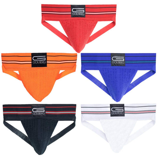 GOLBERG G Mens Jockstrap Underwear - 5 Pack (Black, Blue, White, Orange, and Red) - Size Medium (32-38 Inch) - Athletic Supporter